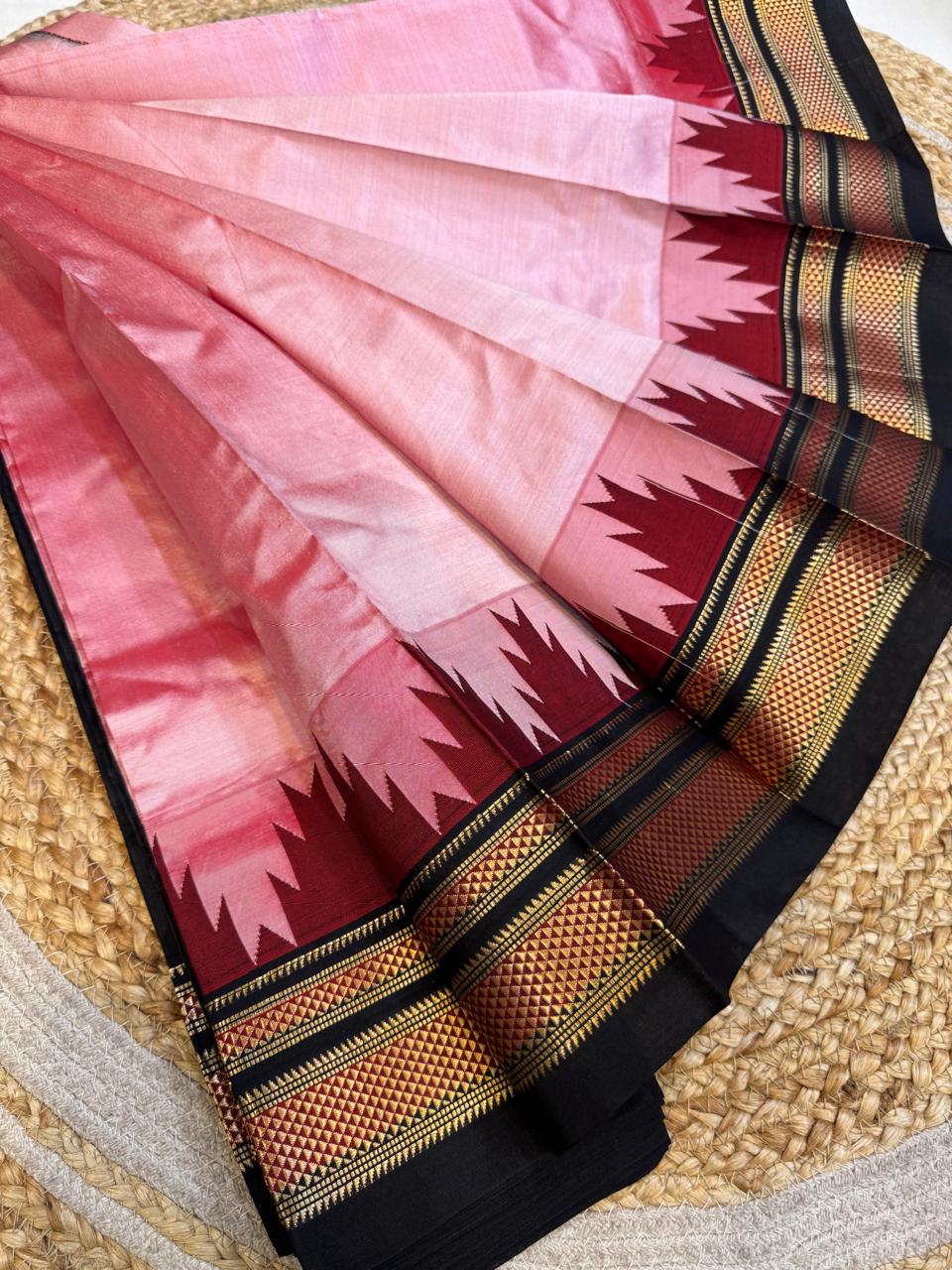 
*Big Temple Border Ilkal*

Exclusive silk ilkal saree 
Pure silk big temple border design superior quality ilkal saree
With contrast blouse 
6.10mtrs length 
Full body pure silk Border, pallu & blouse semi silk 