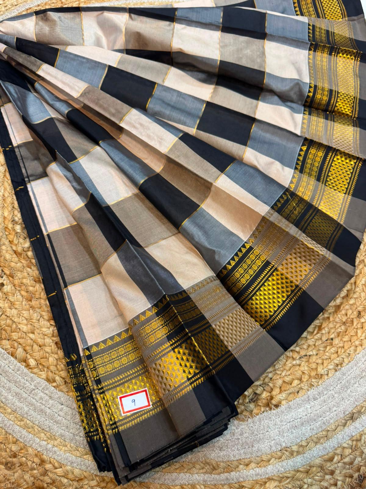 *ILKAL SAREE WITH SILK MARK* 

Exclusive premium quality pure silk Multi colour checks with zari lines design ilkal saree With Fancy Temple design Jari Pallu and contrast blouse 
6.10mtrs length 
Premium quality ilkal saree 
