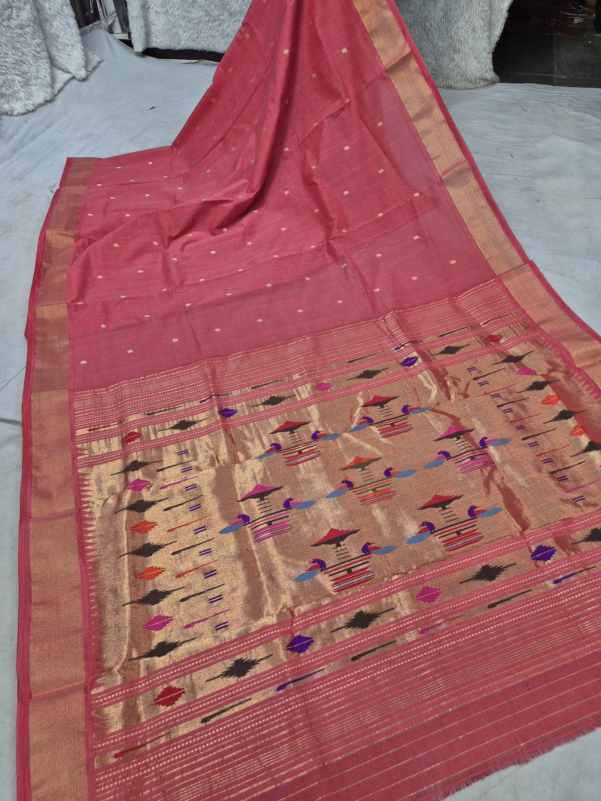 Classic Pure Cotton handloom paithani saree with 7 peacock pairs on pallav