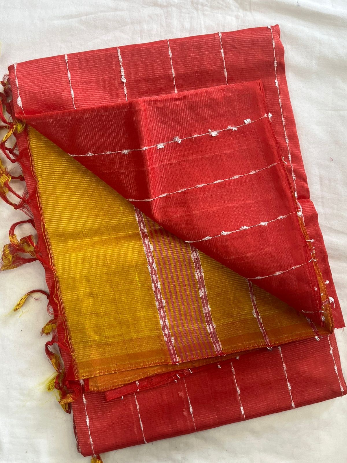 **Material **:- Mangalagiri handloom pattu by cotton 

**Model **:- all-over zari lines model sarees 

Contrast zari lines pallu & blouse