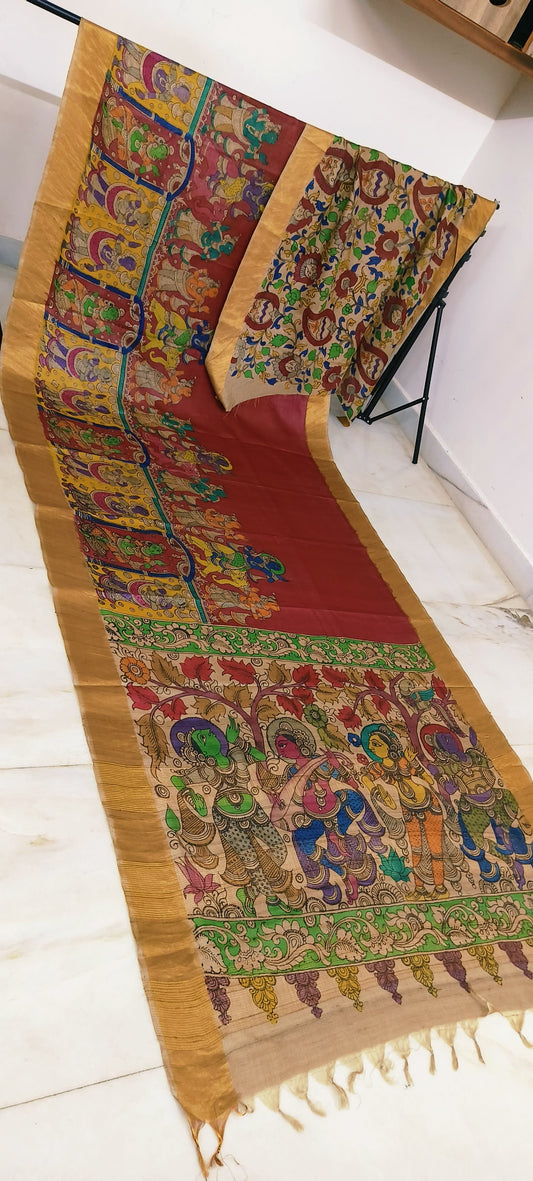 Pen kalamkari on tussar silk
pure desi tussar silk hand painted saree