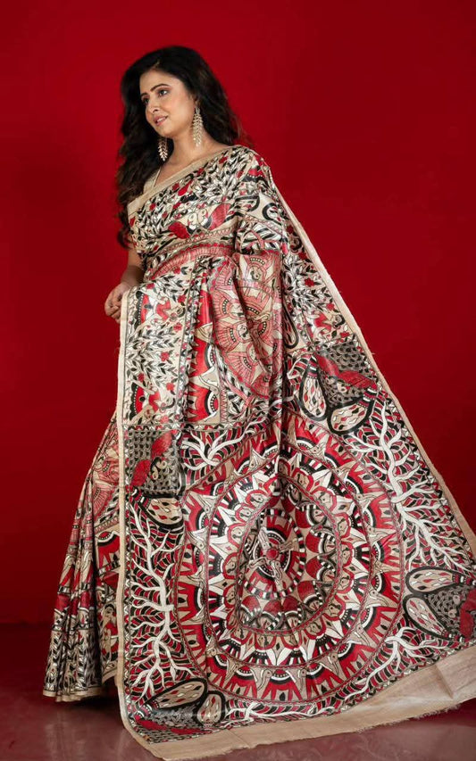 Fabric..Tussar by Ghicha with Beautiful All over Madhubani Hand paintingsilk sarees..
Premium quality and Fast delivery
Length 6.50 meter..Quality will be pure Handloom silk sarees..
