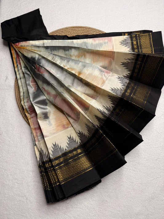 Material - pure silk 
Border - chikki paras
Saree Name -ilkal pure silk horizontal and also vertical stripes jari with temple border saree
Pallu -silk pallu
Blouse -contrast
Handloom -yes
Saree length- 6.2