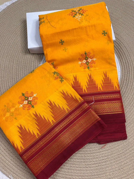 Material - Maserised cotton 
Border - Temple border, Chikki Paras
Saree Name -Tana warpa kasuti saree 
Pallu -Ilkal pallu
Blouse -contrast
Handloom -no
Saree length- 6.2