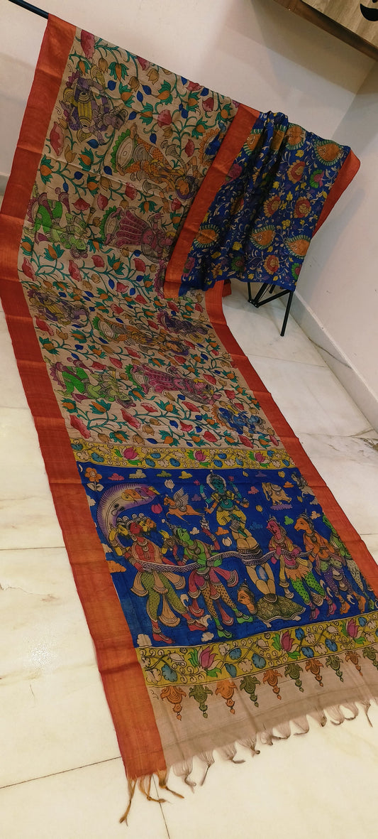 Pen kalamkari on tussar silk
pure desi tussar silk hand painted saree