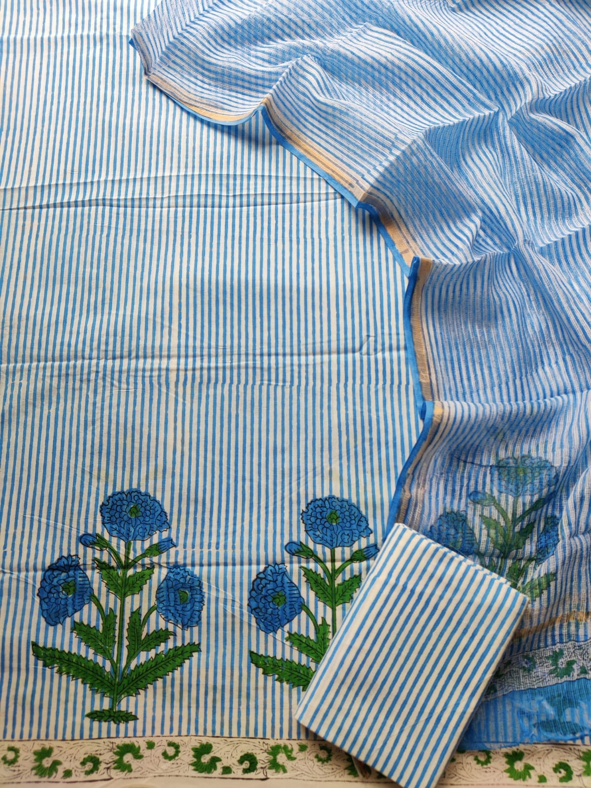 Block printed cotton suit with kota doriya duppta 
Top @ bottom *cotton*
Duptta  *kota doriya*