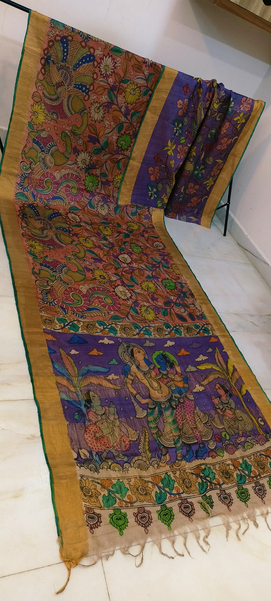 Pen kalamkari on tussar silk
pure desi tussar silk hand painted saree