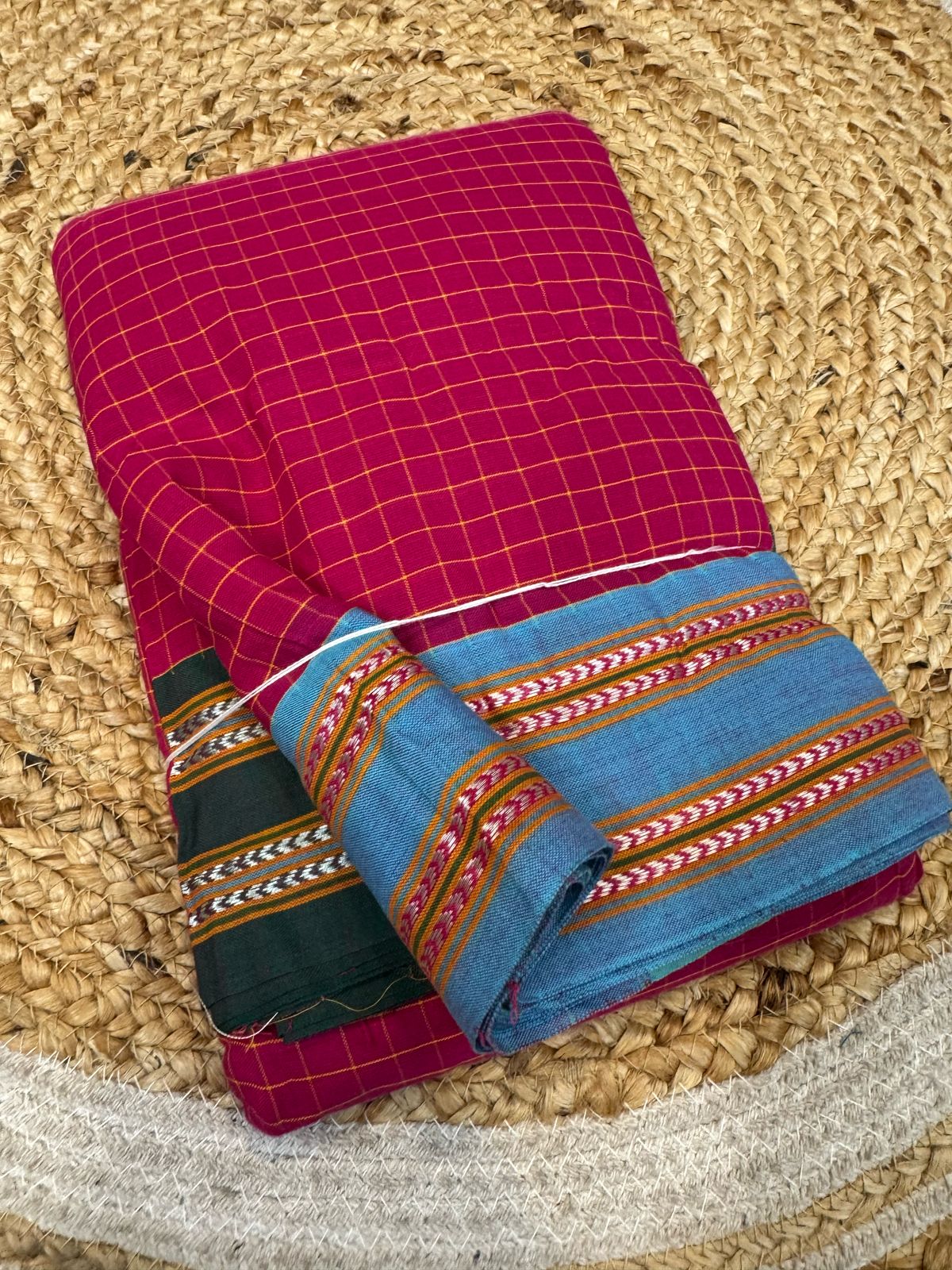 
Pure cotton handwoven *Goomi border & Gaadi border* saree With Running Blouse same as body 
With handloom tag . 