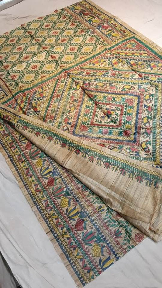 Fabric..Tussar by Ghicha with Beautiful All over Madhubani Hand paintingsilk sarees..
Premium quality and Fast delivery
Length 6.50 meter..Quality will be pure Handloom silk sarees..
