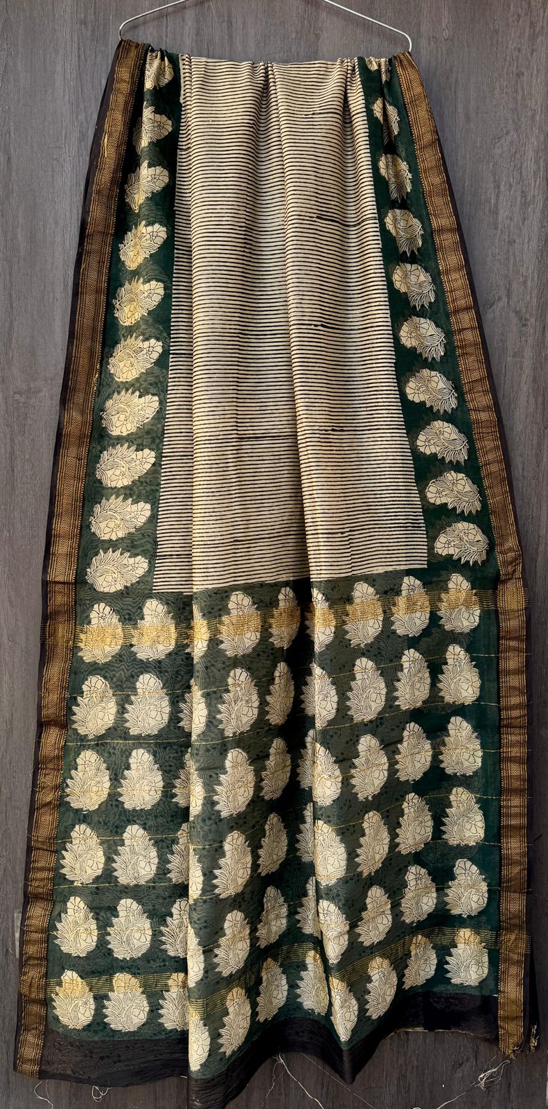 Vakani | Block printed Cotton silk with a golden thread zari border saree