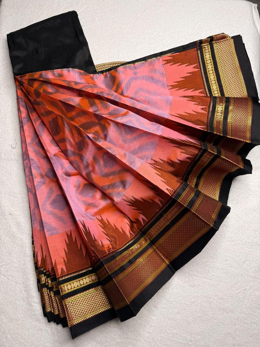 Material - pure silk 
Border - chikki paras
Saree Name -ilkal pure silk horizontal and also vertical stripes jari with temple border saree
Pallu -silk pallu
Blouse -contrast
Handloom -yes
Saree length- 6.2