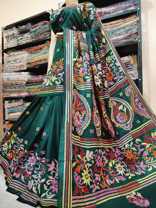 Traditional Shantiniketan hand Kanthastitch saree On 
Belendend bangalore silk Material 
With Kanthastitch Work Bp