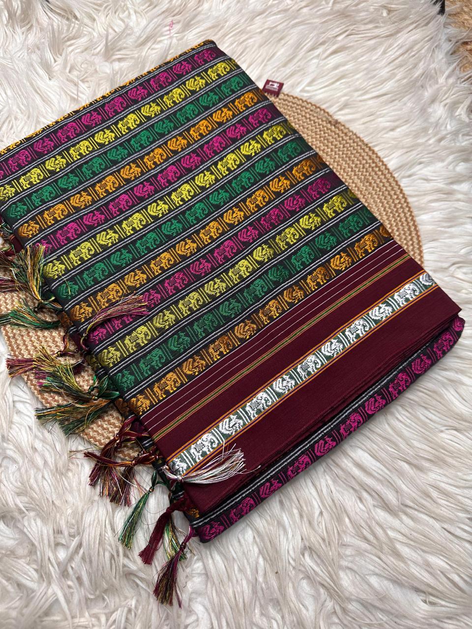 Material - viscos by cotton 
Border - fancy culture border
Saree Name -Khana  saree
Pallu -super tassel 
Blouse -running
Handloom -no
Saree length- 5.8 to 6 mitre
 These are powerloom Khana sarees with 72% cotton and 28% art cotton and rayon. All the sarees are with beautiful tassels.
