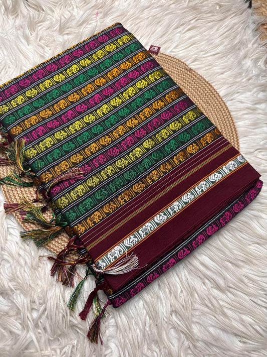 Material - viscos by cotton 
Border - fancy culture border
Saree Name -Khana  saree
Pallu -super tassel 
Blouse -running
Handloom -no
Saree length- 5.8 to 6 mitre
 These are powerloom Khana sarees with 72% cotton and 28% art cotton and rayon. All the sarees are with beautiful tassels.
