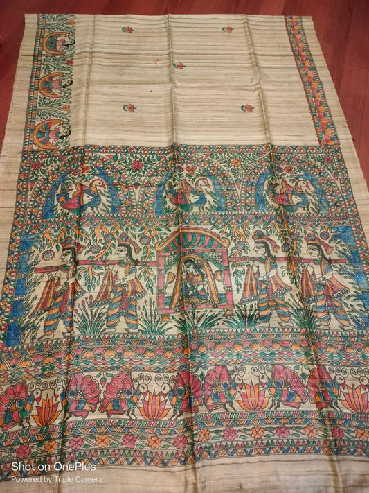 Madhumani | Tussar Saree with madhubani work