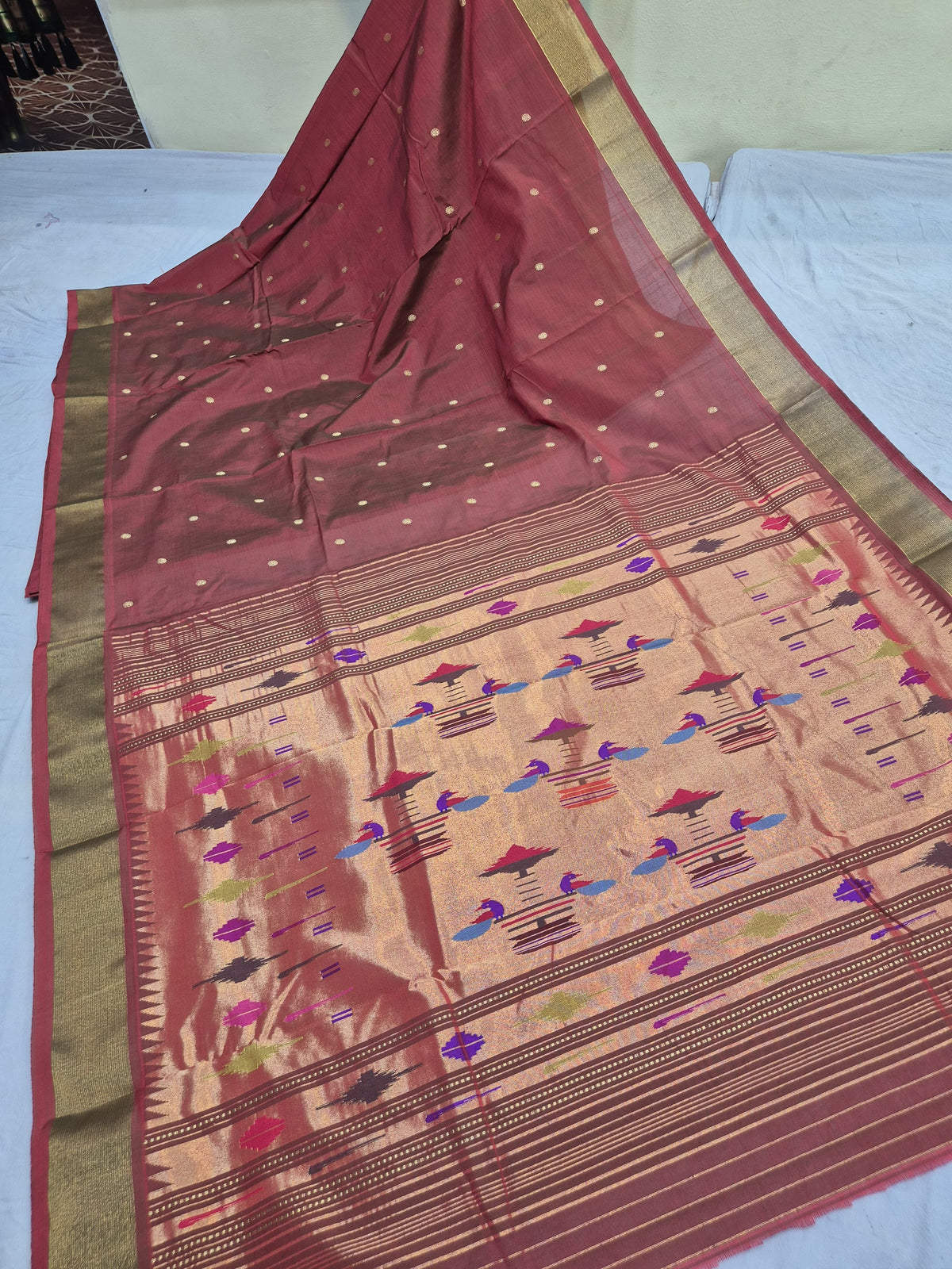 Classic Pure Cotton handloom paithani saree with 7 peacock pairs on pallav