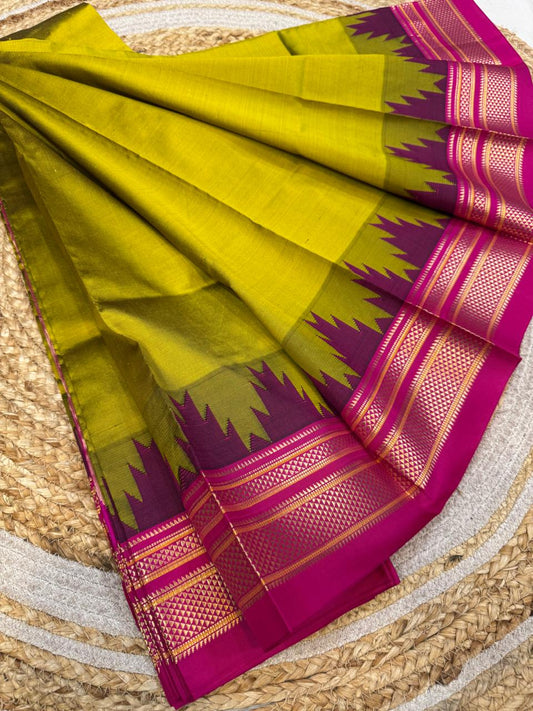 
*Big Temple Border Ilkal*

Exclusive silk ilkal saree 
Pure silk big temple border design superior quality ilkal saree
With contrast blouse 
6.10mtrs length 
Full body pure silk Border, pallu & blouse semi silk 