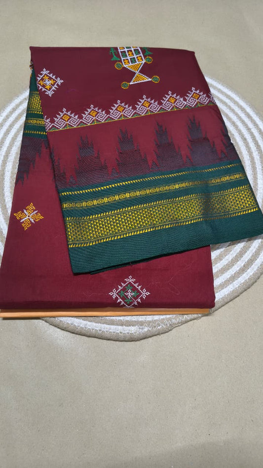 Material - Maserised cotton 
Border - Temple border, Chikki Paras
Saree Name -kasuti saree 
Pallu -Ilkal pallu top
Blouse -contrast
Saree length- 6.20