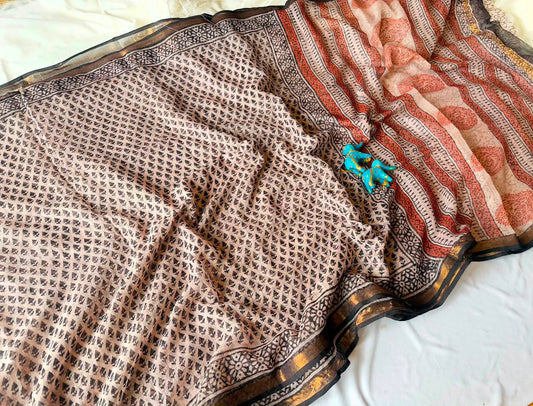 Summer special collection
Vanaspati ajark print

Kota saree new collection of Bagru print 
New collection Saree Kota Doriya .
Hand made 
Block print , Dabu print , Bagru print , vaspati print, ajark prijt
Saree length 5.5 mtr
Blouse.  80cm
Hand block printed.

