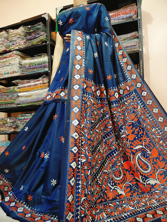Traditional Shantiniketan hand Kanthastitch saree On 
Belendend bangalore silk Material 
With Kanthastitch Work Bp