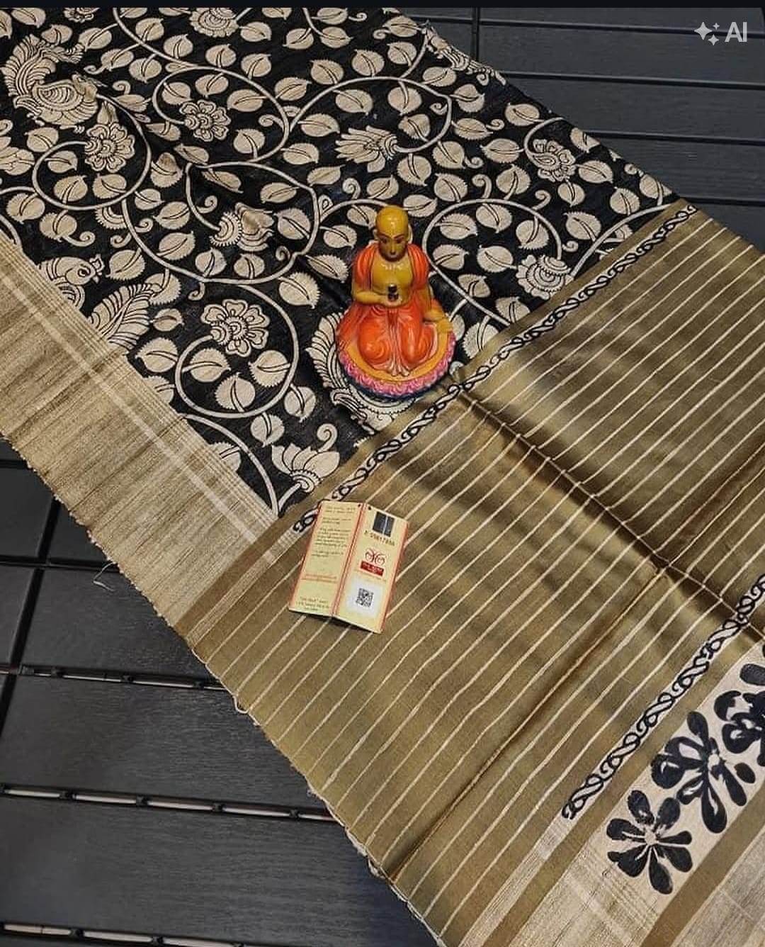 Screen print on gheecha tussar saree with silk mark