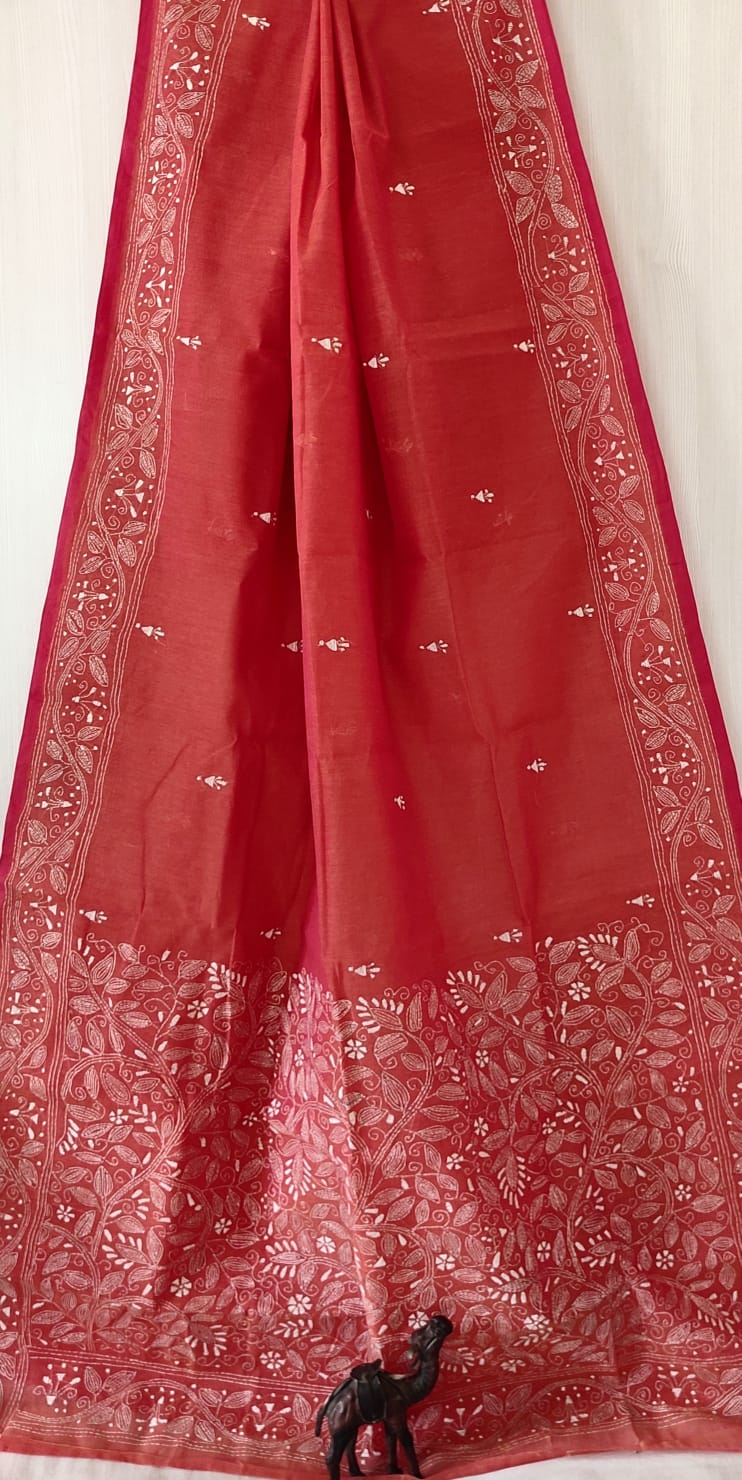 Hand Kantha on cotton pure cotton without blouse piece