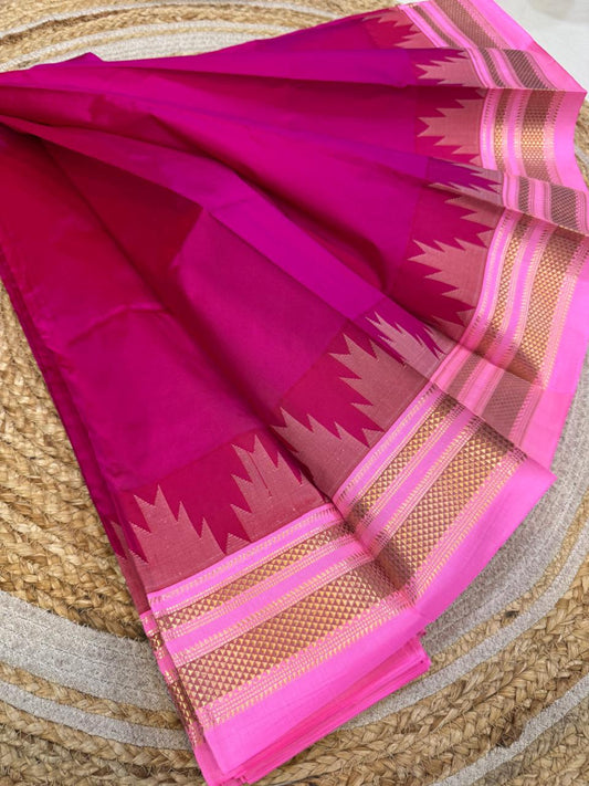 
*Big Temple Border Ilkal*

Exclusive silk ilkal saree 
Pure silk big temple border design superior quality ilkal saree
With contrast blouse 
6.10mtrs length 
Full body pure silk Border, pallu & blouse semi silk 