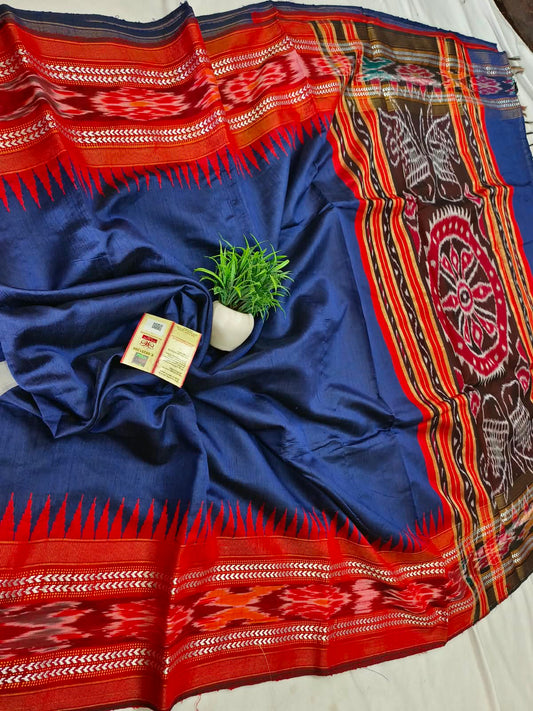*Pure raw silk handloom Ikkat and vidarbha temple border saree with contrast blouse*
Pure raw silk saree
Silk mark certified
Handloom made
Best quality