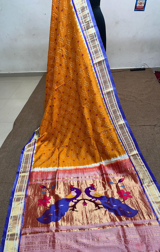 Handmad bandhni
 on pure.silk
 handwoven paithani 