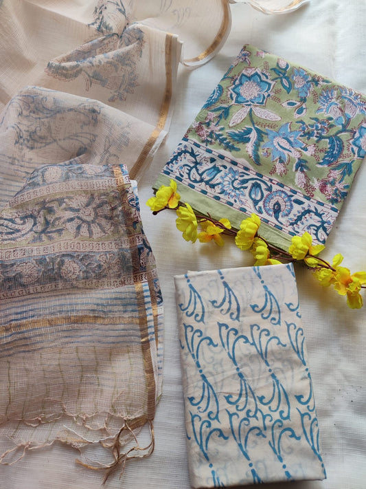 Block printed cotton suit with kota doriya duppta 
Top @ bottom *cotton*
Duptta  *kota doriya*