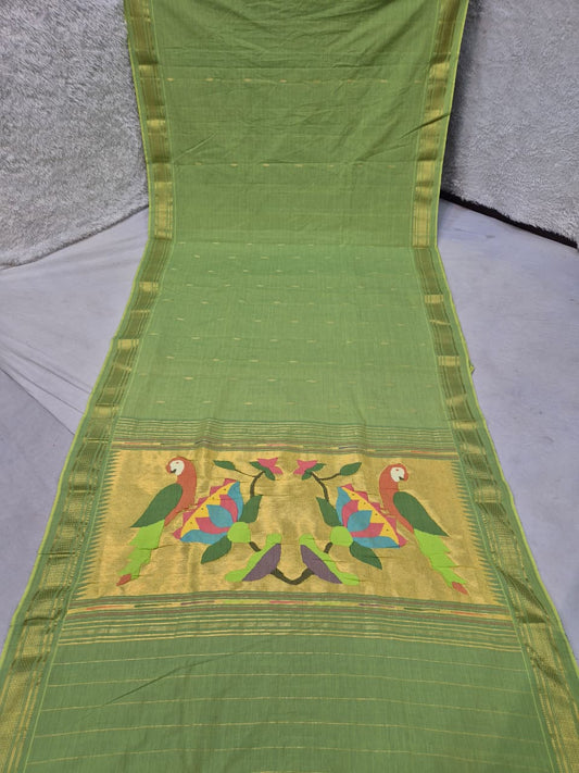 Yeola cotton paithani*
Pure cotton 
Handloom saree
Traditional Narali border 
Running blouse 
Shoulder butta 