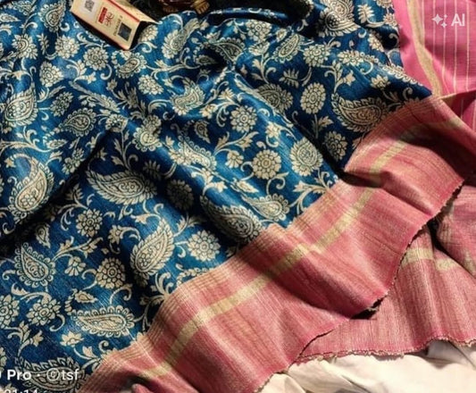 Screen print on gheecha tussar saree with silk mark