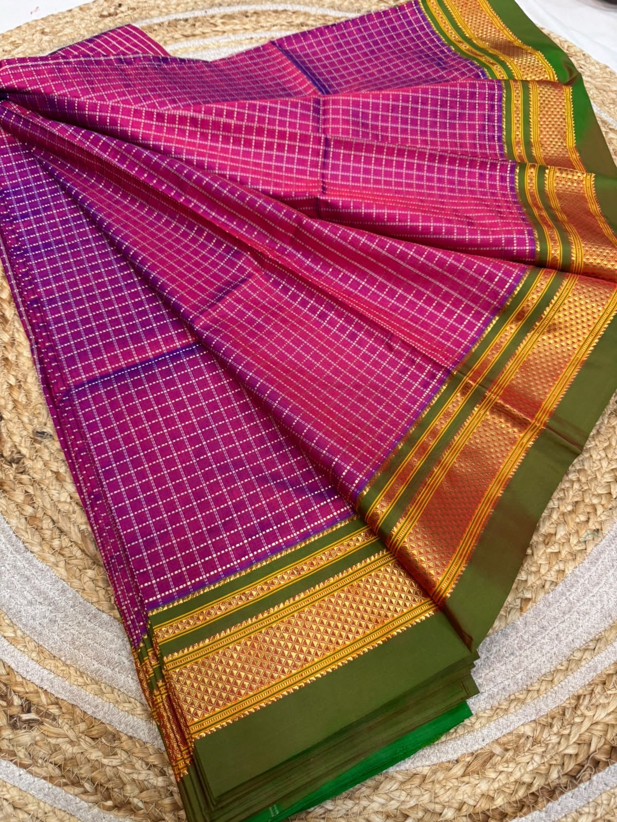 *Ilkal saree with silk mark approved*

*Pure silk chukki Faras border* superior quality 
Body small checks design popularly known as *Chaduranga Chukki*  & *Zari lines* ilkal saree 
With running blouse saree
*Price - 16500