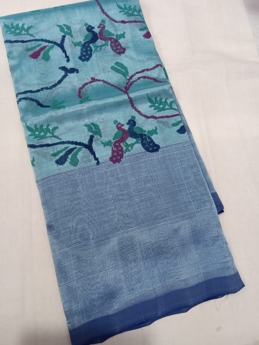 Hand woven mangalagiri (LT) 3D silk cotton screen print sarees without zari border 
Blouse : 80 cm contrast 