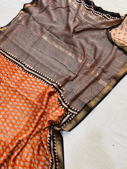 Let’s Wear #ethicallymade✅
🍁Beautifully Crafted Maheshwari Silk Saree  collection🍁
 Specially Designed in Bagru  jahota rapid dabu hand block print
100% Natural Dye
Fabric : Maheshwari Silk 
Length : 5.5 Meters
Blouse Piece : 0.90 Meter
