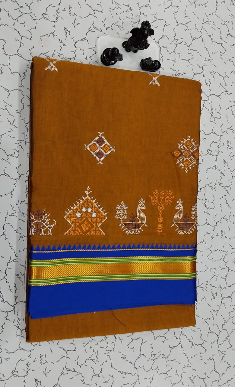 Zubeida | Karnataka Kasuti work cotton saree in sienna Color