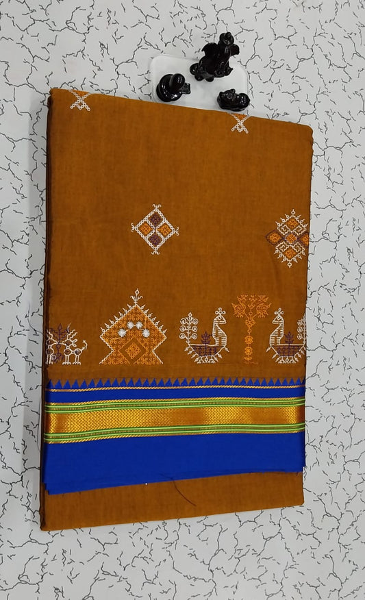 Zubeida | Karnataka Kasuti work cotton saree in sienna Color