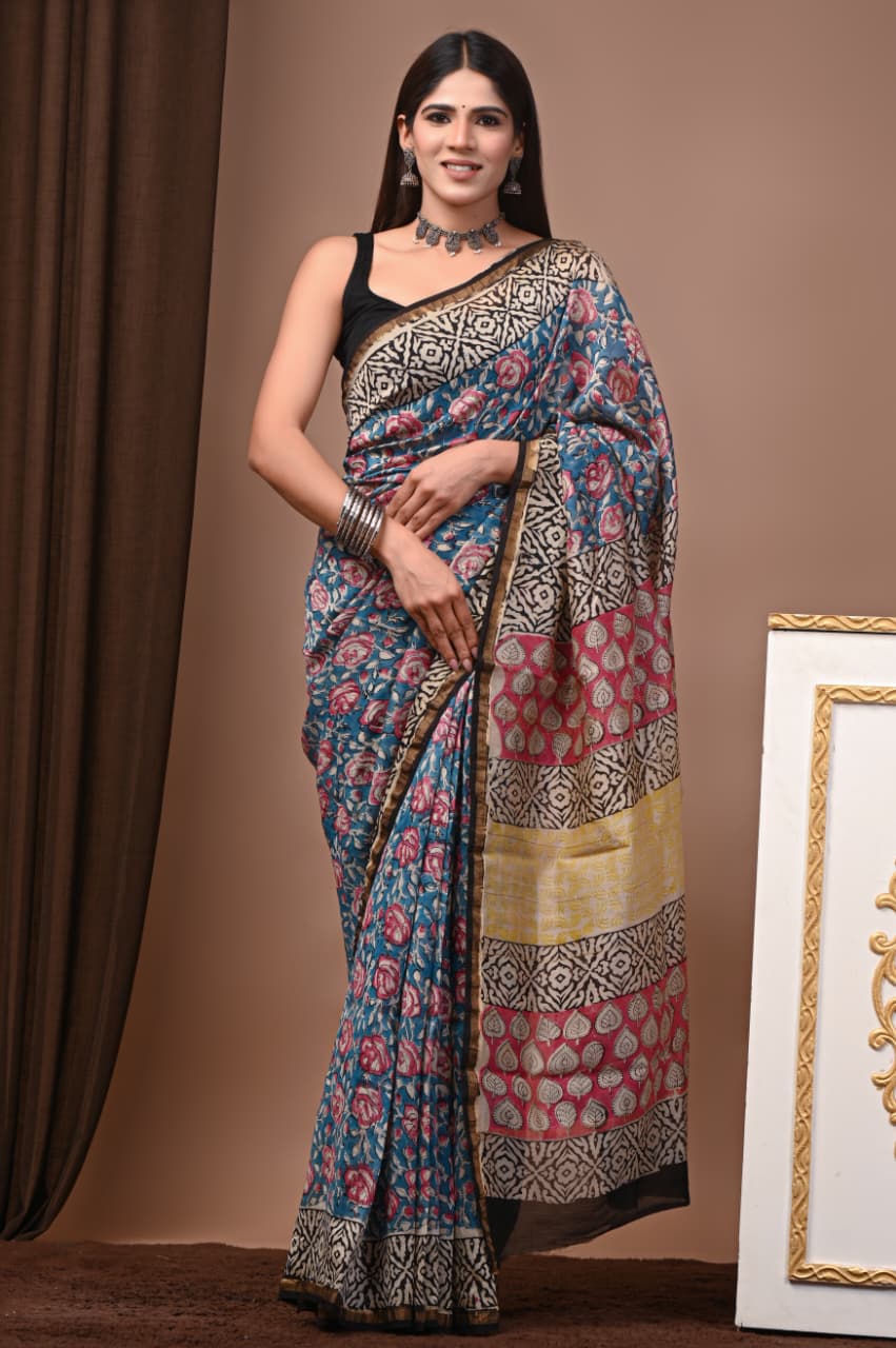 Chanderi silk sarees traditional collection
Hand block printed chanderi silk Sarees with blouse
Natural dye n color
Super quality:,fine fabric:,
Size- 6.5 