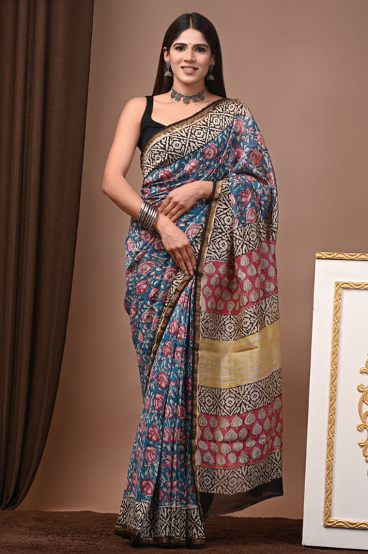 Chanderi silk sarees traditional collection
Hand block printed chanderi silk Sarees with blouse
Natural dye n color
Super quality:,fine fabric:,
Size- 6.5 