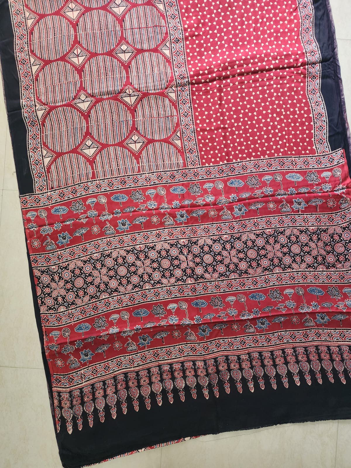 Modal sadi 
Ajrakh hand block print Saree Available....