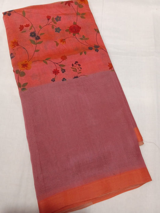 Hand woven mangalagiri (LT) 3D silk cotton screen print sarees without zari border 
Blouse : 80 cm contrast 