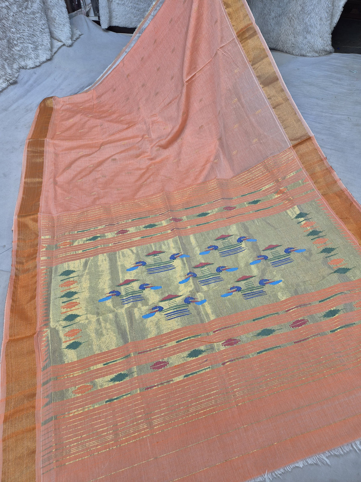 Classic Pure Cotton handloom paithani saree with 7 peacock pairs on pallav