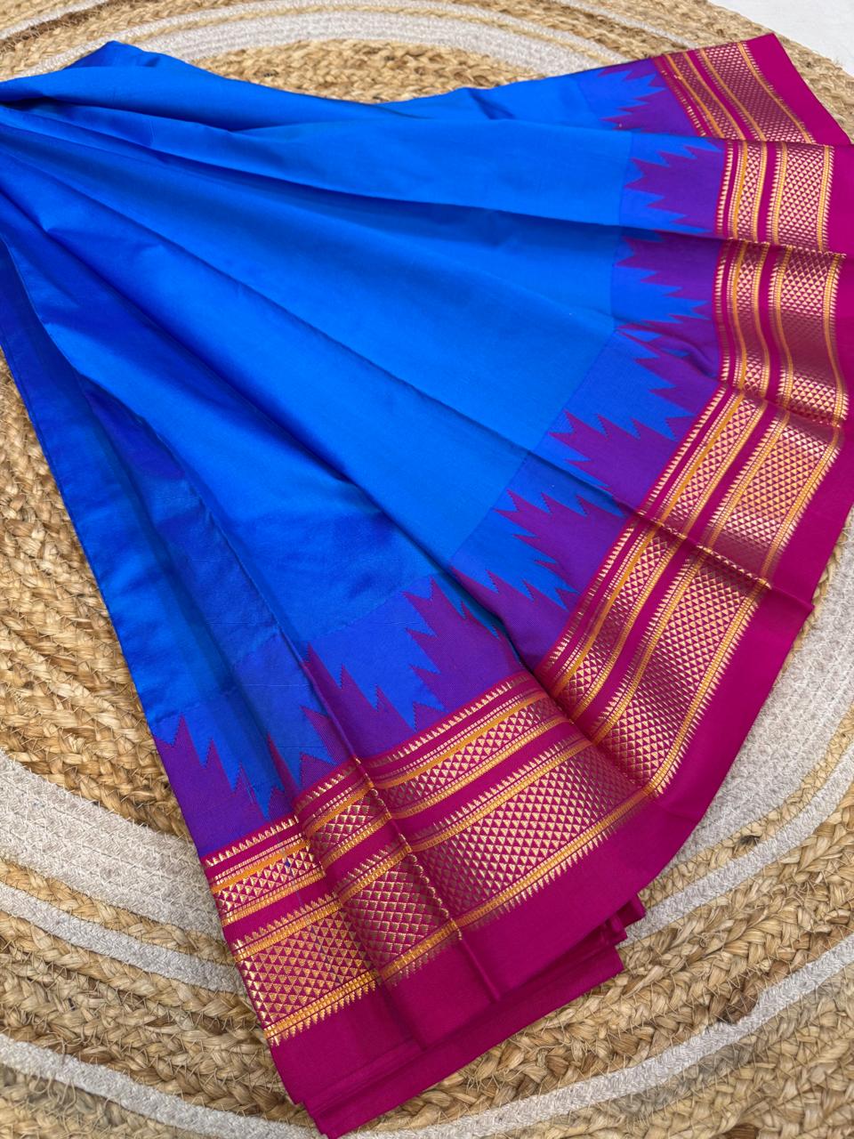 
*Big Temple Border Ilkal*

Exclusive silk ilkal saree 
Pure silk big temple border design superior quality ilkal saree
With contrast blouse 
6.10mtrs length 
Full body pure silk Border, pallu & blouse semi silk 
