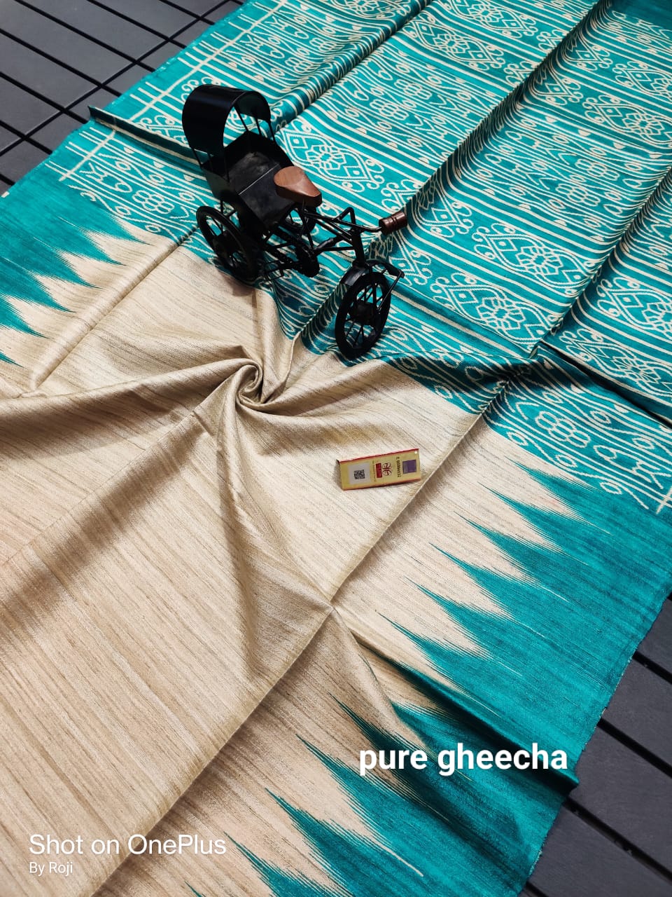 Pure tussar ghicha temple border ikkat print silk handloom saree with blouse pc.
Silk mark tag 
