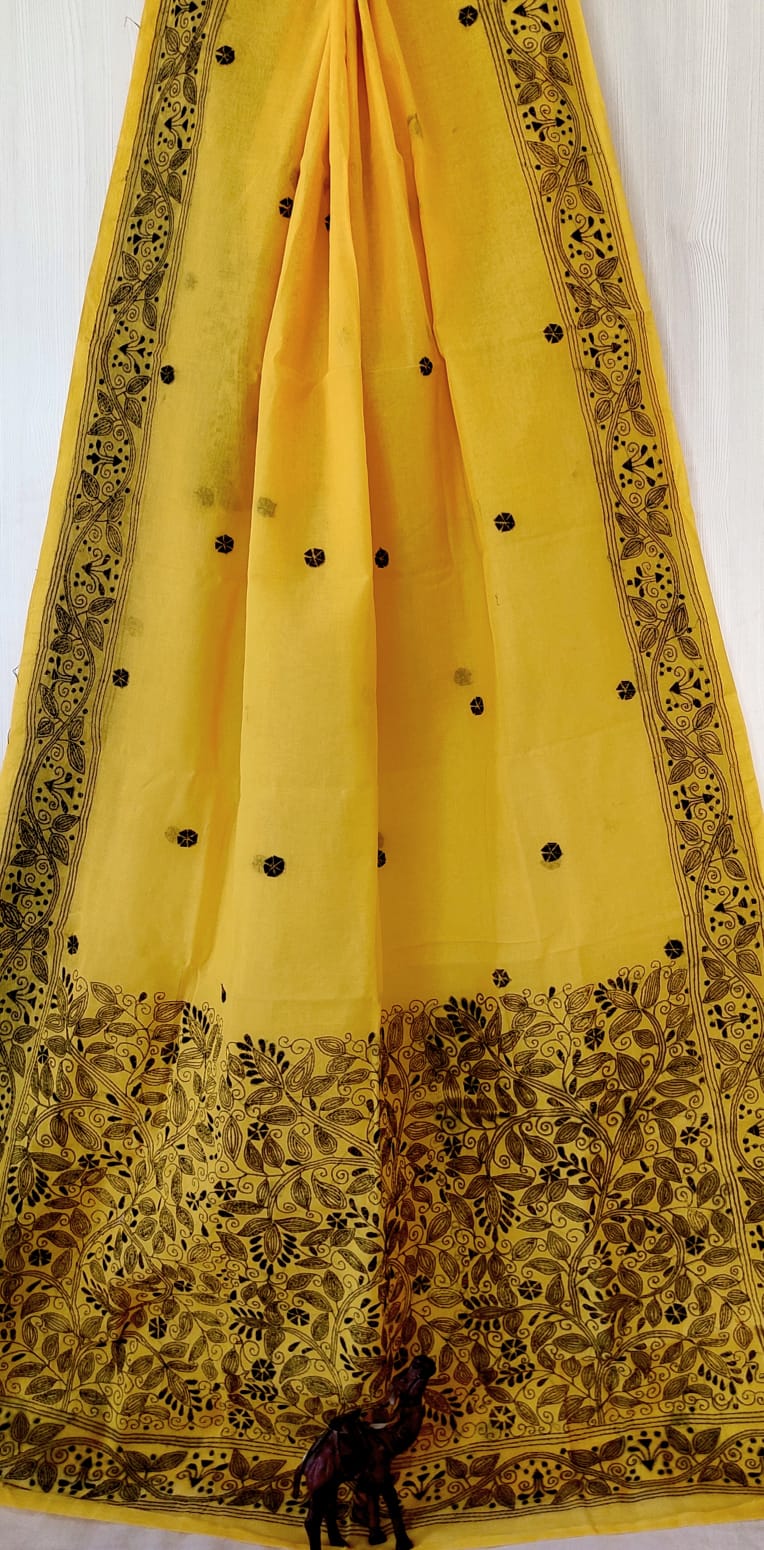 Hand Kantha on cotton pure cotton without blouse piece