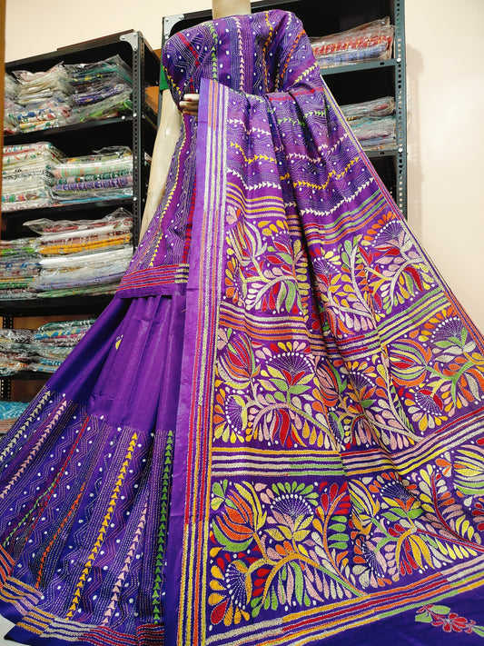 Traditional Shantiniketan hand Kanthastitch saree On 
Belendend bangalore silk Material 
With Kanthastitch Work Bp