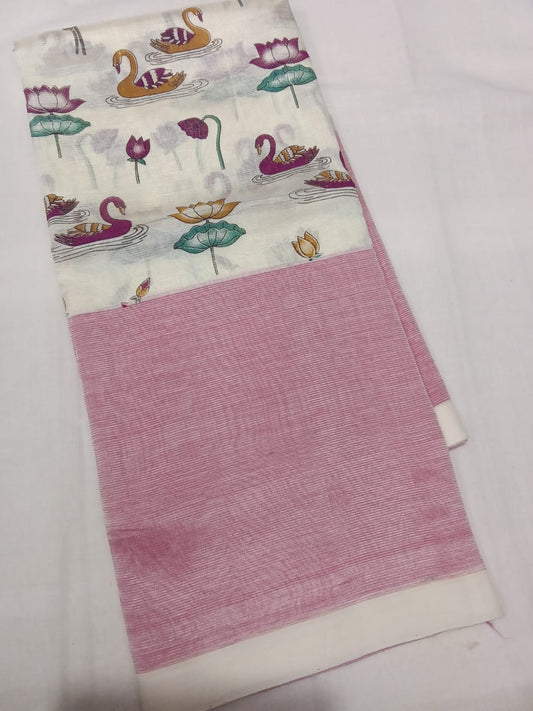 Hand woven mangalagiri (LT) 3D silk cotton screen print sarees without zari border 
Blouse : 80 cm contrast 