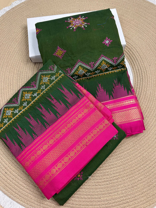 Material - Maserised cotton 
Border - Temple border, Chikki Paras
Saree Name -Tana warpa kasuti saree 
Pallu -Ilkal pallu
Blouse -contrast
Handloom -no
Saree length- 6.2