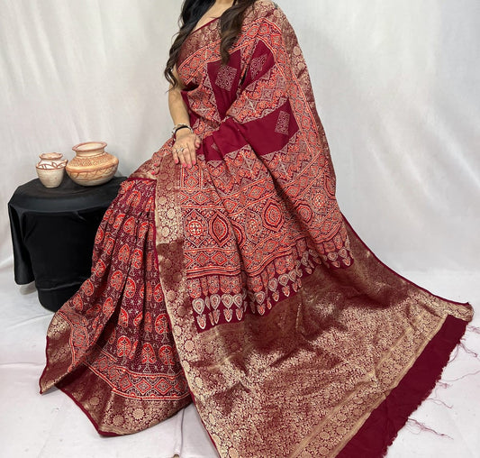 Doshrita | Ajrakh Saree on Dola Silk