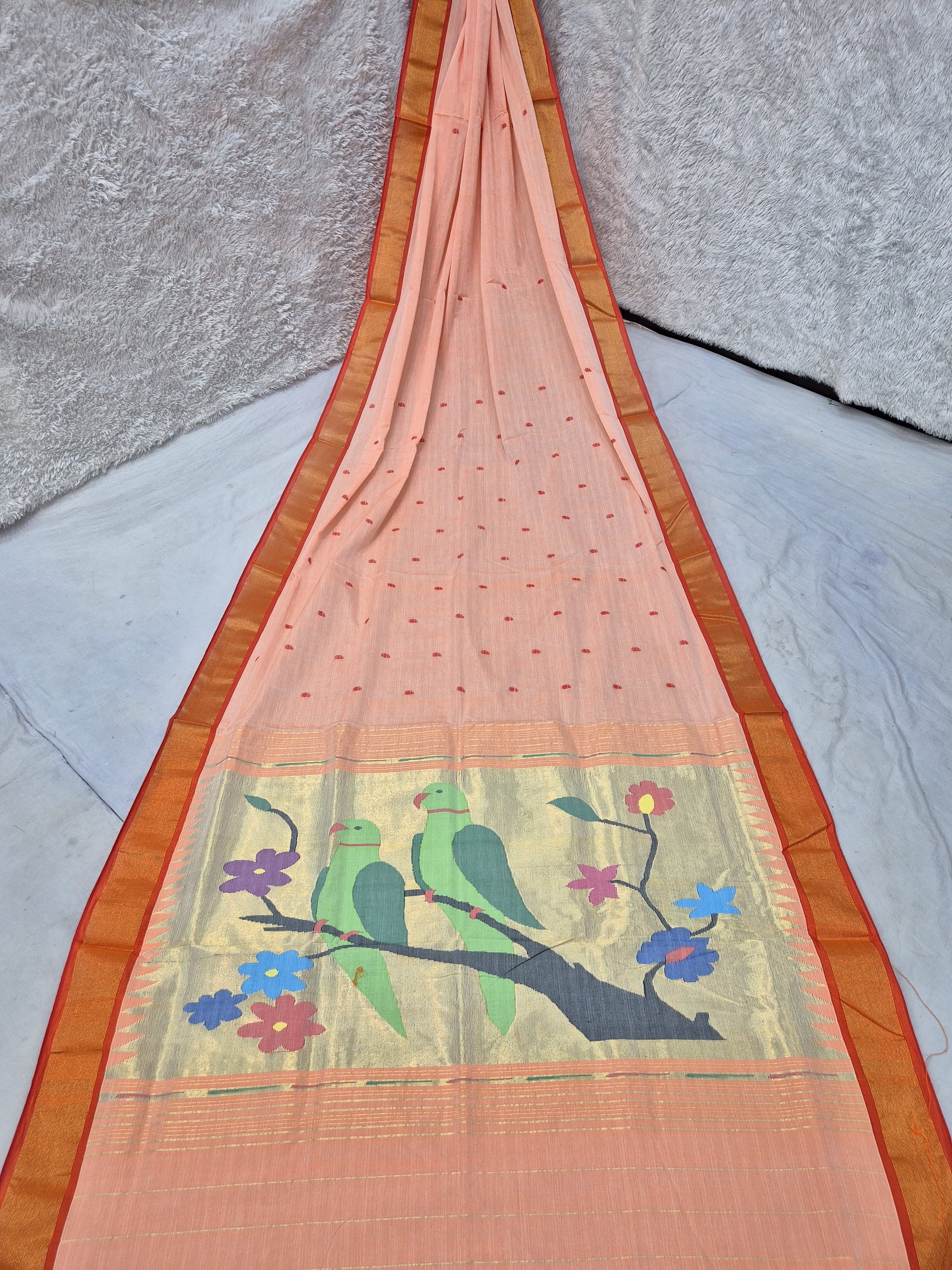 *Yeola cotton paithani*
Pure cotton 
Handloom saree
Patta border 
Running blouse 
Shoulder butta 